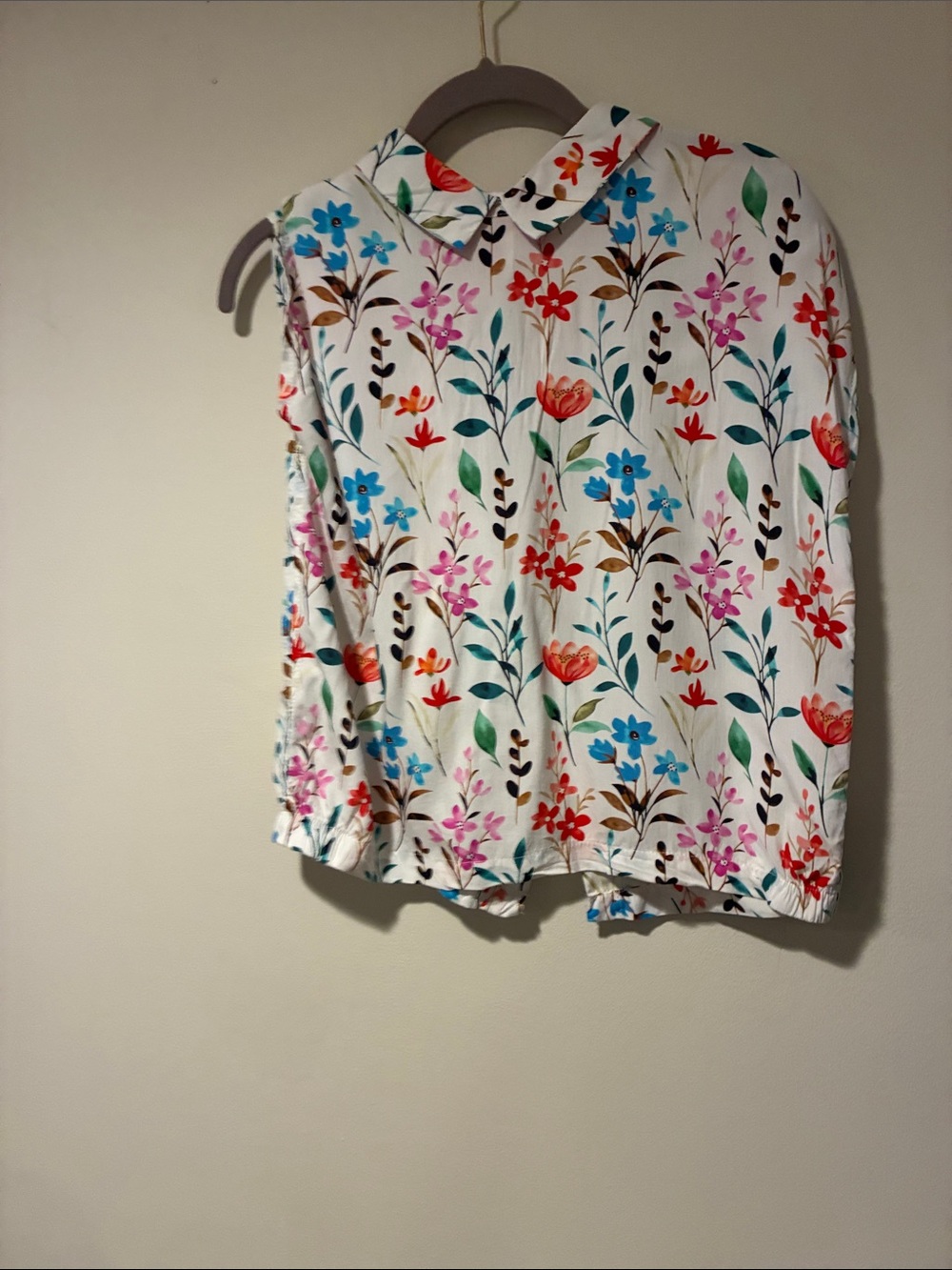 P Button-Front Women's Top - White with Multi-Color Print